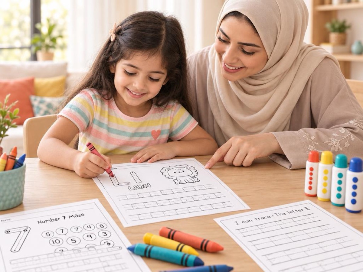 أم تساعد طفلتها في تتبّع الحروف